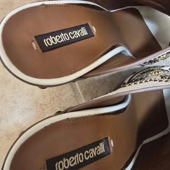 Roberto Cavalli Cream Embellished Beaded Women's Clog Mule Peep Toe Heels - Picture 6 of 8